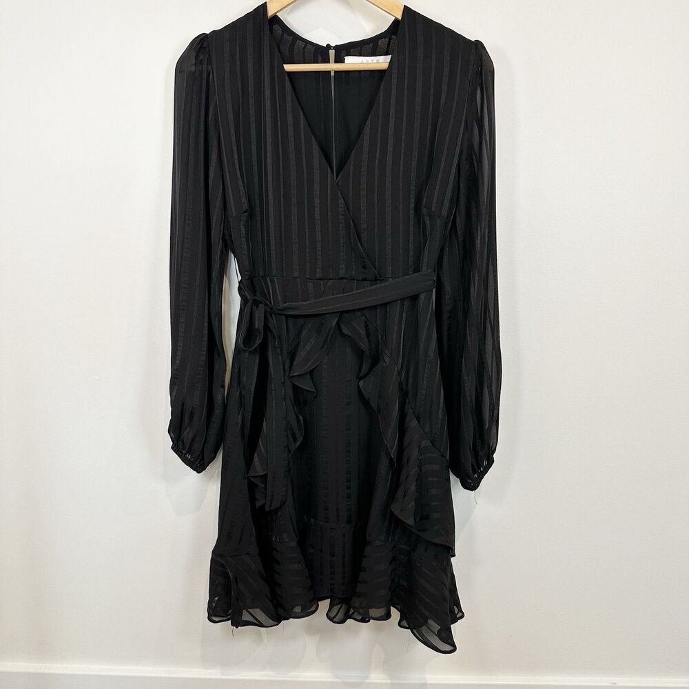 ASTR The Label Dress Women Small Black Ruffle Fairycore Ballet Stripe Party Silk
